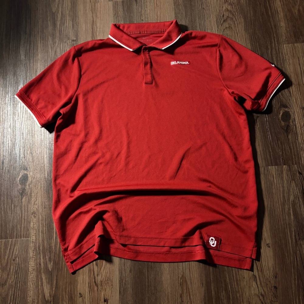 NIKE DRI FIT Oklahoma Sooners Red Polo‎ Shirt Men Large OU Golf Athletic